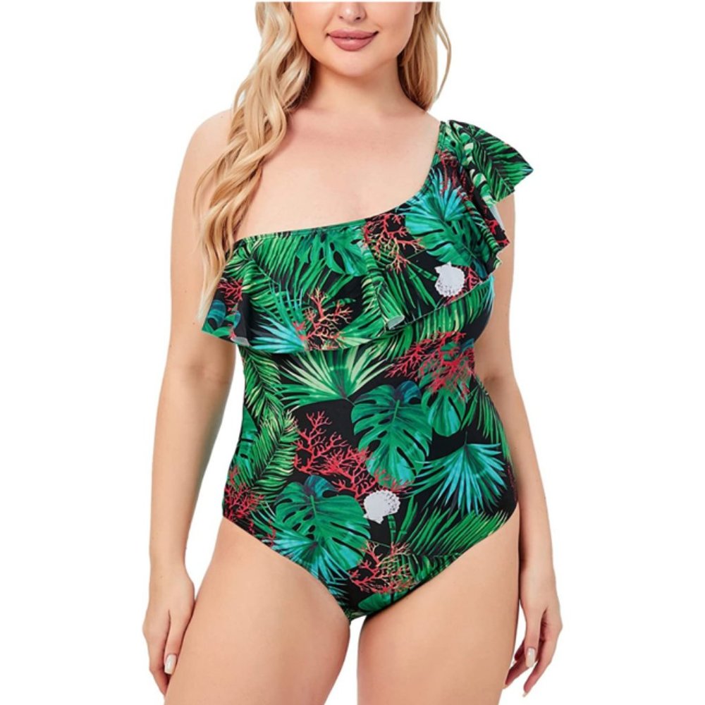 Tropical Green One Piece Swimsuit One‎ Shoulder Cute Ruffle Swimwear Floral XL